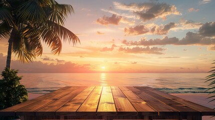 Wall Mural - A terrace with a wooden table overlooking a beach landscape bathed in either sunset or sunrise light, featuring a silhouette of a tropical tree against a seascape, perfect for a summer vacation