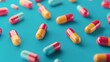 An array of colorful capsules on a turquoise background, depicting pharmaceutical care and health concepts.