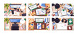 Dirty and clean workplaces top view set. Tidy computer tables and messy office desks with creative disorder, clutter: cups, notes, stationeries. Workspace organization. Flat vector illustrations
