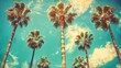 Stylized and vintage-toned palm trees against a blue sky, depicting tropical coastal scenery, ideal for summer themes