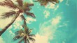 Stylized and vintage-toned palm trees against a blue sky, depicting tropical coastal scenery, ideal for summer themes