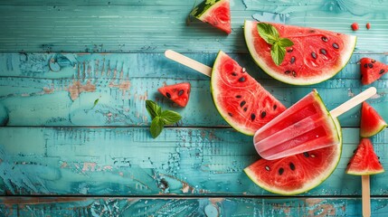 Wall Mural - Watermelon slice popsicles presented on a rustic blue wooden background