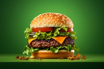 Wall Mural - Hamburger on a green background. 3D Rendering.