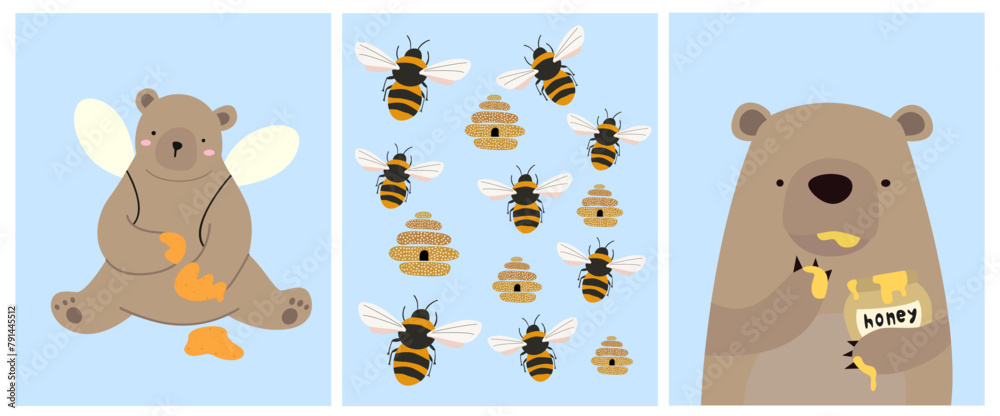 Set of sweet honey vector illustration, World bee day. A bear with ...