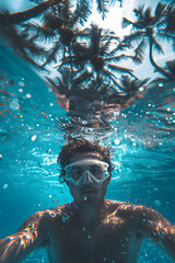 Wall Mural - Swimmer with headgear having fun taking underwater selfie in azure swimming pool