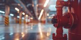 Fototapeta  - A vibrant red fire hydrant system installed in a contemporary building's parking lot with industrial lighting.