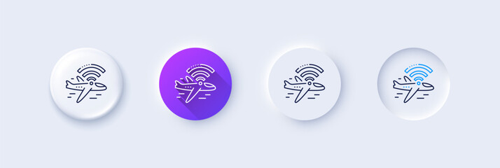 Wall Mural - Airplane wifi line icon. Neumorphic, Purple gradient, 3d pin buttons. Aircraft wi-fi sign. Inflight internet symbol. Line icons. Neumorphic buttons with outline signs. Vector