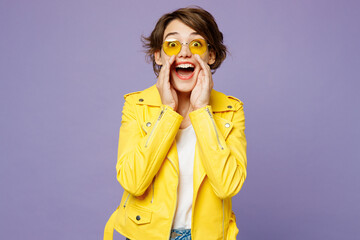 Wall Mural - Young woman wears yellow shirt white t-shirt casual clothes glasses scream sharing hot news about sales discount with hands near mouth isolated on plain pastel light purple color. Lifestyle concept.