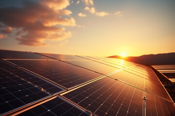 Wall Mural - solar panels on sunset background. alternative energy concept. 3d rendering