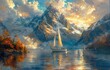 Oil painting texture ready for print: Sailing boat on the lake in golden sunlight on white snowy mountains background. Snowy mountains and sailing boats in the Alps.