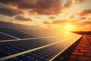 Wall Mural - solar panels on sunset background. alternative energy concept. 3d rendering