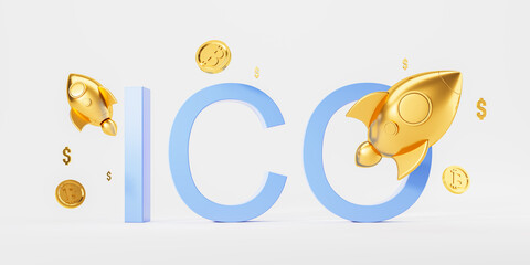 Poster - Golden rockets and cryptocurrency coins with the letters ICO symbolizing initial coin offering, on a white background, reflecting a futuristic investment concept. 3D Rendering