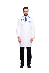 Canvas Print - Full size portrait of attractive, concentrated virile harsh doc with beard in white lab coat, tie and stethoscope on his neck, looking at camera, isolated on grey background