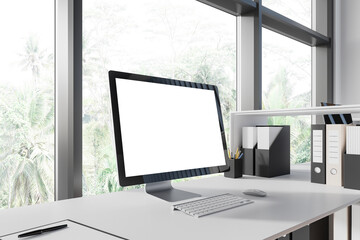 Poster - Modern office interior with pc desktop on table with mockup display, window