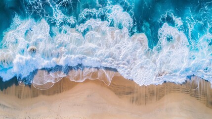 Wall Mural - Beautiful beach with turquoise water and waves from above, top view