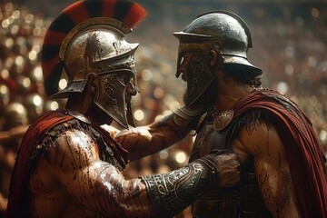 Highly detailed scene with ancient warriors in combat gear facing each other with a blurred face