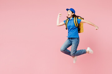 Sticker - Full body delivery employee woman wears blue cap t-shirt uniform workwear yellow thermal food bag backpack work as dealer courier jump high run fast isolated on plain pink background. Service concept.