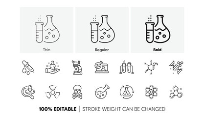 Wall Mural - Chemical formula, Microscope and Medical analysis. Chemistry lab line icons. Laboratory test flask, reaction tube, chemistry lab icons. Linear set. Line icons set. Vector