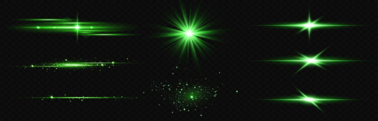 Wall Mural - vector illustration in green color. set of lighting effects. glare and flashes. bright rays of light