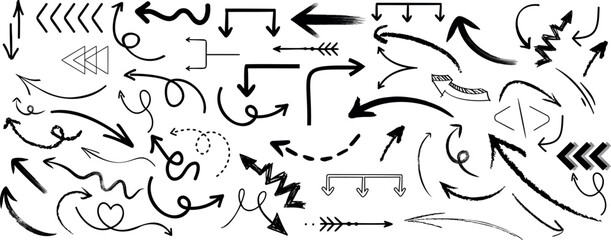 Wall Mural - hand drawn grunge arrow vector set. black, sketchy, diverse shapes, directions for design, illustrat
