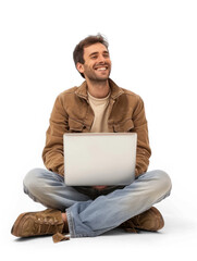 A man is sitting cross-legged on floor with a laptop on transparency background PNG