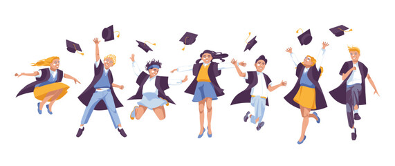 Wall Mural - A group of graduates jump together. Children. Happiness. Diploma. Vector flat illustration