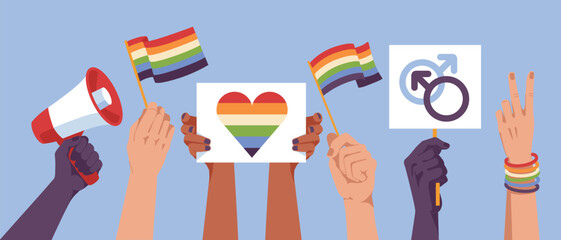 LGBT Pride Day. Diversity multiracial people hands in demonstrations with rainbow flags. Activists together. Vector flat illustration