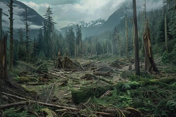 Wall Mural - A forest ravaged by invasive species and disease outbreaks, illustrating the compounding threats to ecosystems already stressed by climate change.