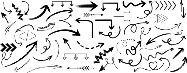 Wall Mural - Hand drawn black arrow doodles vector elements isolated on white. Perfect for web, digital art, designs, direction indicators, swirls, hooks