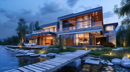 Wall Mural - Modern Home Design. Architectural Concept of Beautiful Contemporary Chalet by the River at Evening