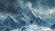 A lone adventurer stands atop a snow-capped mountain, gazing out at a vast and beautiful landscape.
