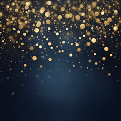 Wall Mural - Festive abstract background with shimmering gold particles and twinkling lights and bokeh effect on a deep navy blue background. The gold foil texture is smooth and shiny