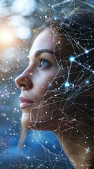 Poster - A young womans face is surrounded by intricate lines and glowing stars, illustrating her interaction with artificial intelligence