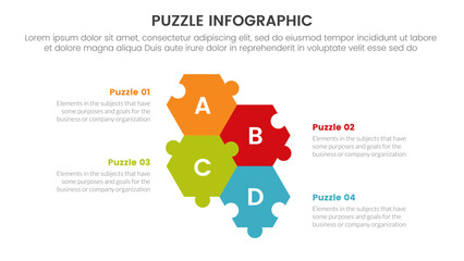 Wall Mural - puzzle jigsaw infographic 4 point stage template with unbalance puzzle center up and down with description for slide presentation