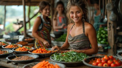 A woman Tourists participating in a traditional Lao cooking class with cultural explanations.