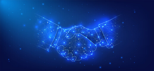 Futuristic Digital Handshake on Starry Sky Background. Conceptual illustration of a networked digital handshake against a celestial backdrop, symbolizing connectivity and agreements in the digital age