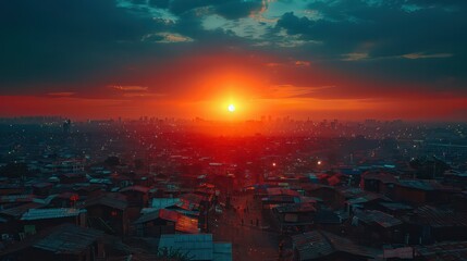 Wall Mural - Aerial view of a densely populated slum during sunset