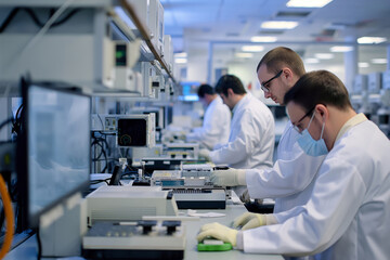 Poster - Photo of focused employees working on assembling electronic gadgets in a modern laboratory setting