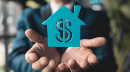 Aufkleber - A man is holding a blue house with a dollar sign on it