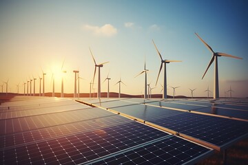 Wall Mural - solar panels and wind turbines at sunset. renewable energy concept.
