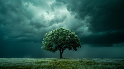 Canvas Print - A tree stands alone in a field of grass, with dark clouds looming overhead