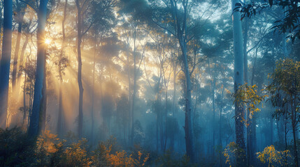 Sticker - A forest with trees and sunlight shining through the trees