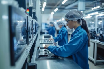 Poster - Employees focused on meticulous assembly of electronic gadgets on a production line in a modern manufacturing environment