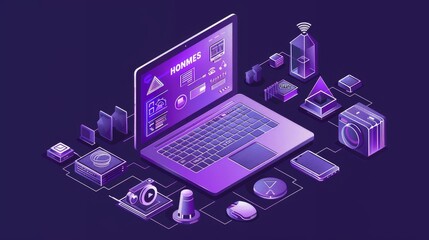 Poster - Internet of things isometric web banner with laptop, smart house equipment, camera, and IoT technology. 3D modern illustration, line art, landing page.