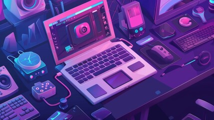 Poster - The Internet of Things isometric web banner features laptop with home control lettering on the screen, smart house equipment, camera for home control, IoT technology. 3D modern illustration, line