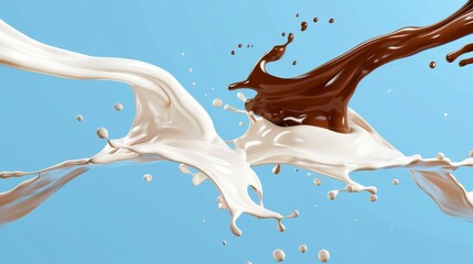 Poster - There are streams of milk and chocolate in a swirl, with white and brown splashes and droplets on a blue background. Dynamic elements for packaging promotional ads.