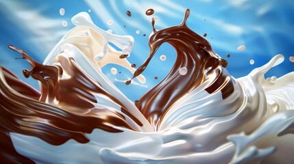 Poster - It is a dynamic illustration of milk and chocolate streams, swirling white and brown liquids with splashing droplets on a blue background. Realistic 3D modern icon.