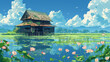 A picturesque spring scene unfolds in a captivating painting. An old wooden house in rural Japan rests among vibrant rice fields, dotted with tiny flowers. A majestic lotus flower completes this idyll
