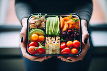 Wall Mural - Woman having lunch. Person is eating healthy balanced lunch at work. Prepared meal ready to eat at office. Lunch in container for office worker. Having lunch at work. Catering service