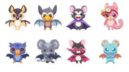 Wall Mural - A modern cartoon set of cute bat, mouse, bird, and spider in disguise suits with cloaks isolated on white.